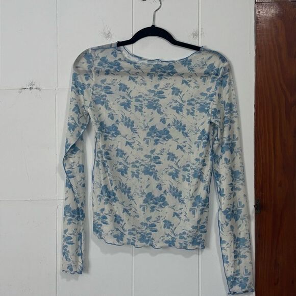 SHEIN Blue Floral Sheer Mesh Blouse Size Small - Picture 2 of 4